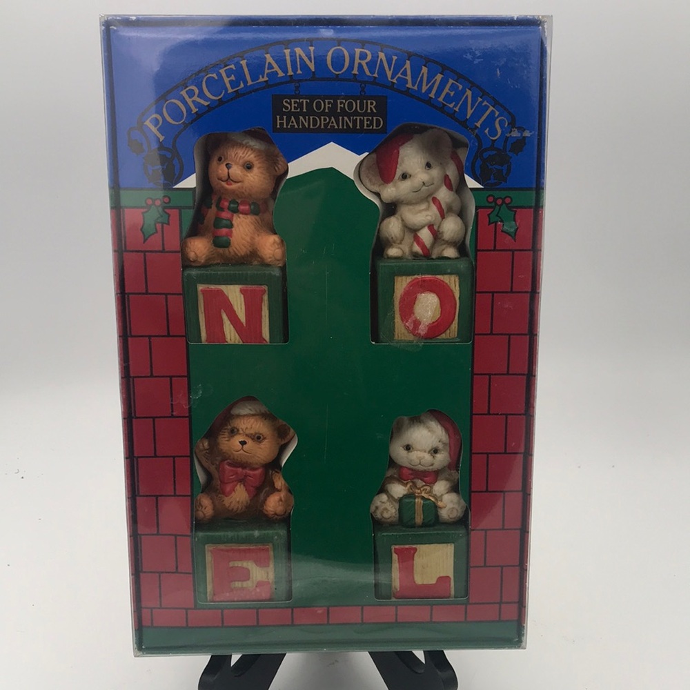 VTG May Stores Animals on Blocks‎ Spelling NOEL Porcelain Ornaments Set/4 #38867
